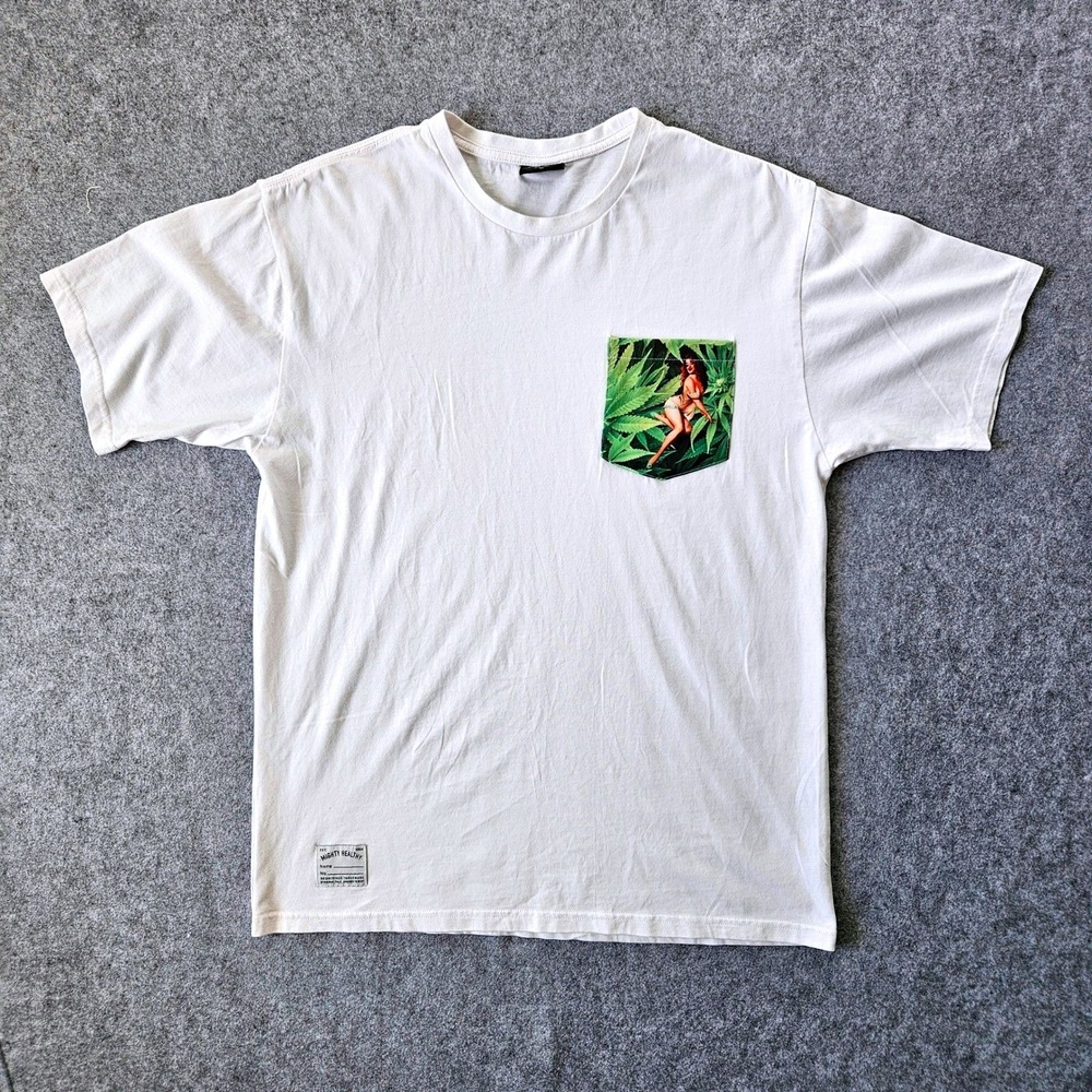 Mighty Healthy NY Mens White Pocket T-Shirt Pinup Girl Weed Leaf Graphic Size M